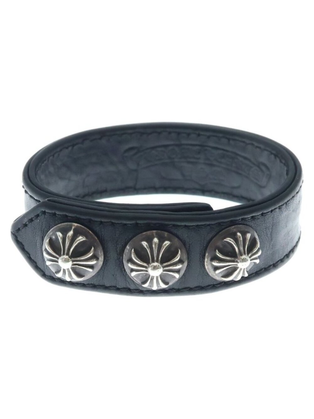 Chrome Hearts Crossball 3 Button 2 Snap Leather Bracelet Black Silver